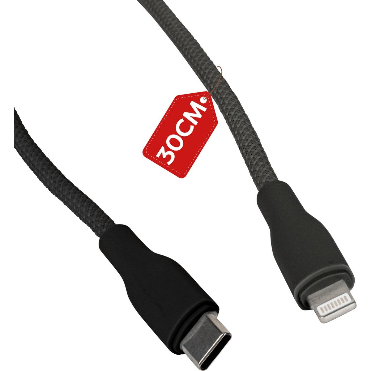 Zwarte oplaadkabel met USB-C- en Lightning-connectoren, 30 cm lang, met een rood label.