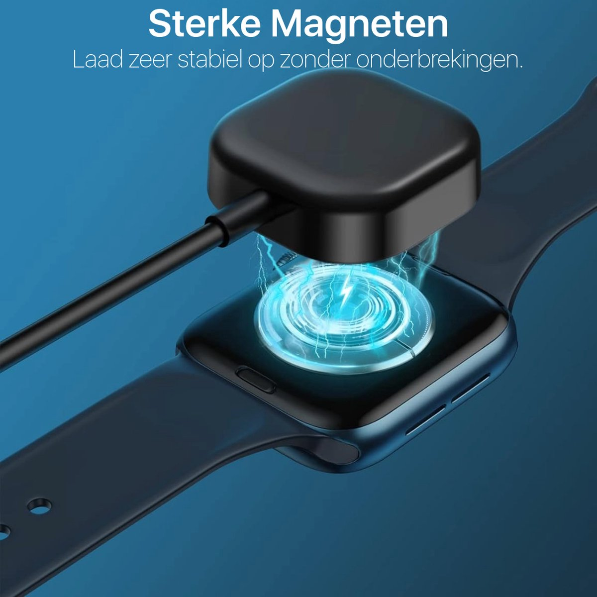 Een smartwatch laadt draadloos op. Een zwarte oplader zweeft boven het horloge met blauwe energie. Bovenstaande tekst: 'Sterke magneten'.