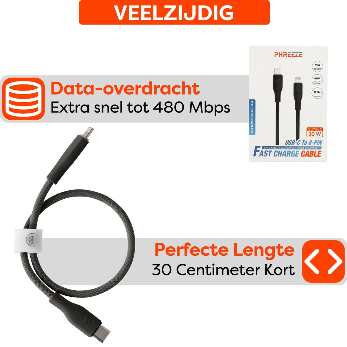 Zwarte USB-C naar 8-pins snellaadkabel met witte connector, opgerold. Verpakking met kabeldetails rechts.