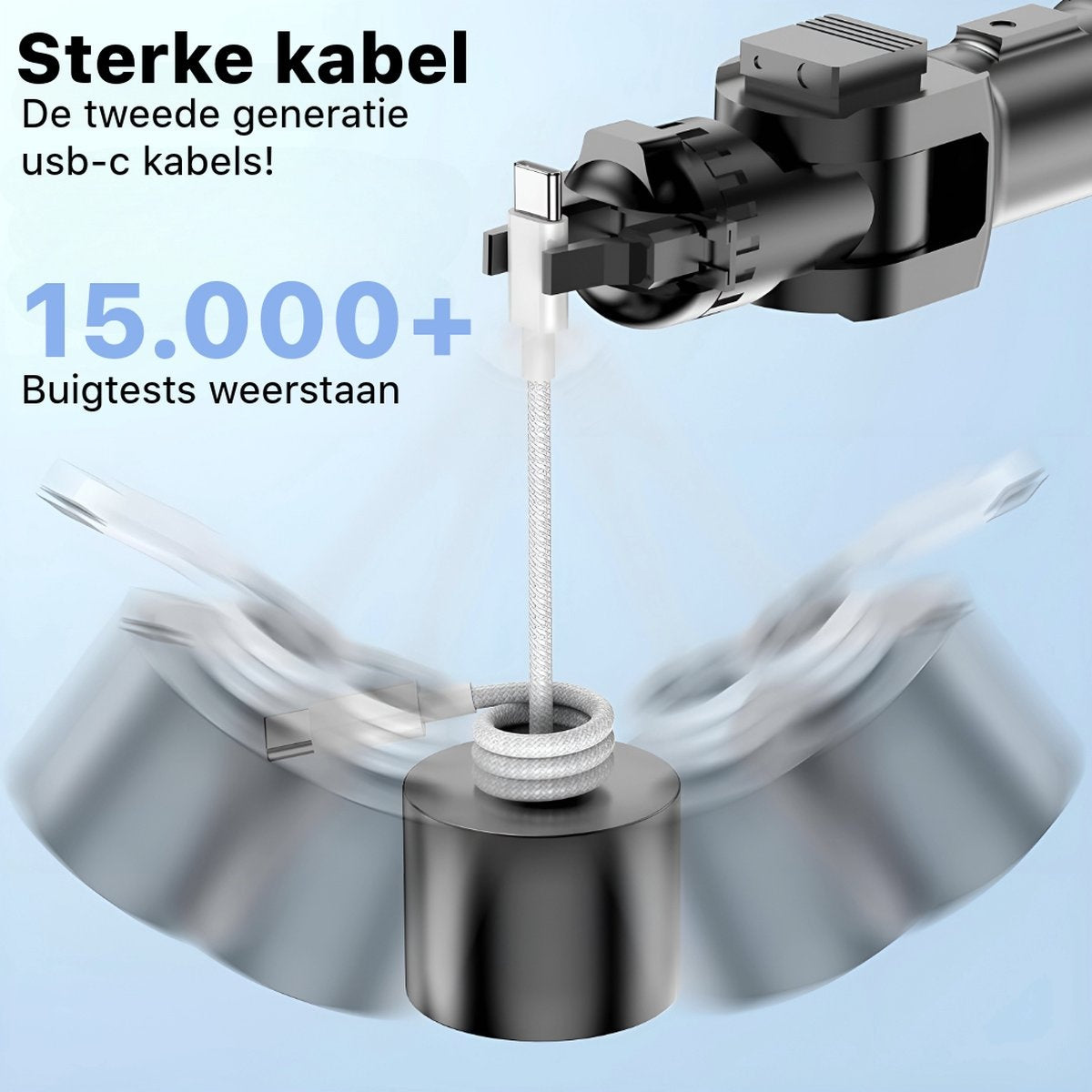 Afbeelding toont een sterke kabel. Tekst: Sterke kabel, 15.000+ buigtesten, usb-c kabel. Kabel is wit, met een zwart en grijs apparaat.