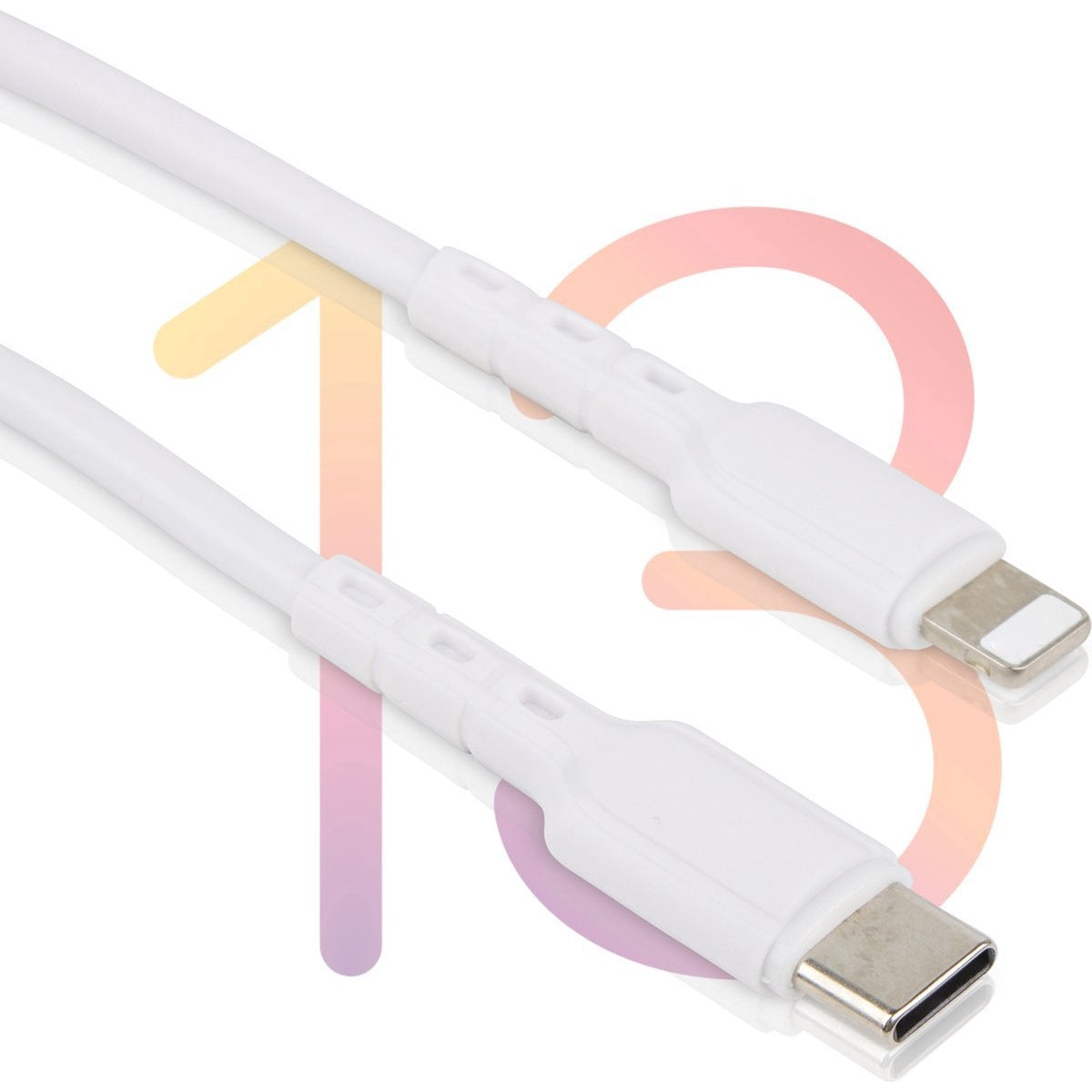 Twee witte oplaadkabels met verschillende connectoren. Eén is een Lightning-connector, de andere is USB-C. Beide hebben een witte plastic behuizing.