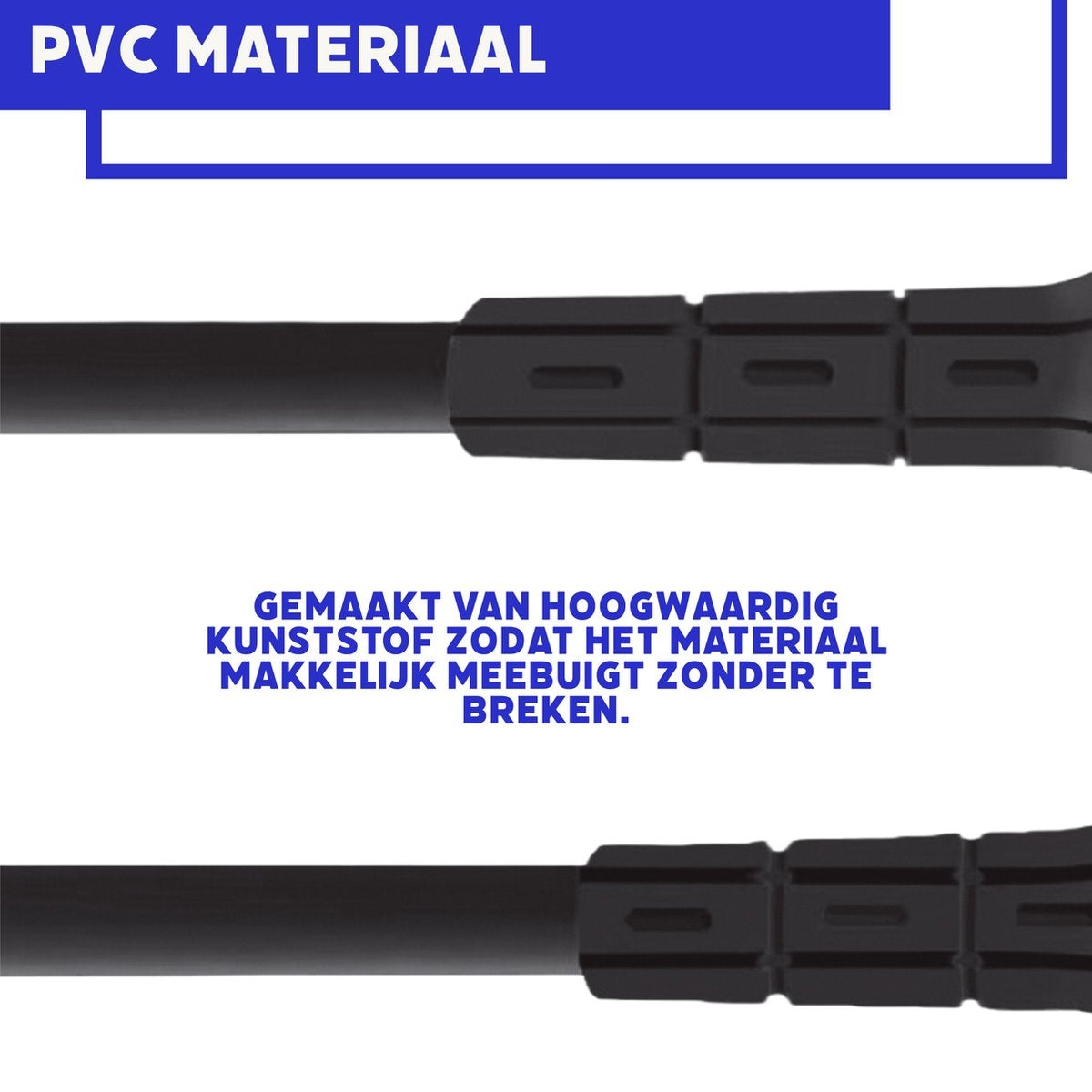 Zwart PVC-materiaal met tekst. Tekst: Gemaakt van hoogwaardig kunststof zodat het materiaal gemakkelijk buigt zonder te breken.