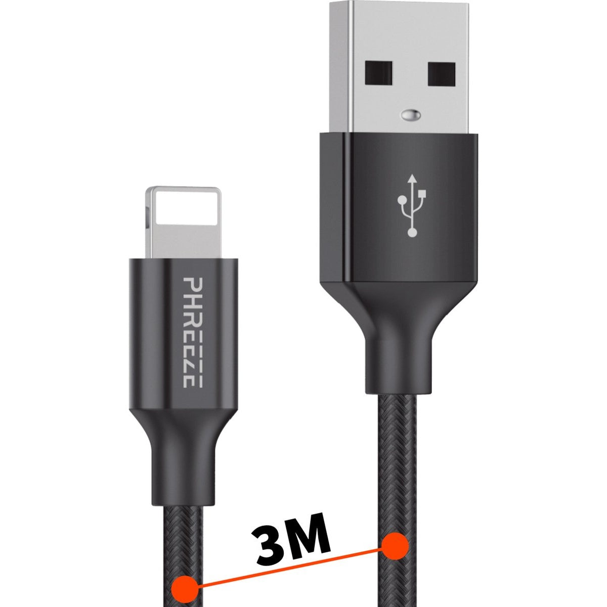 Zwarte USB-kabel met Lightning-connector. De kabel is 3 m lang en heeft de merknaam PHREEZE.