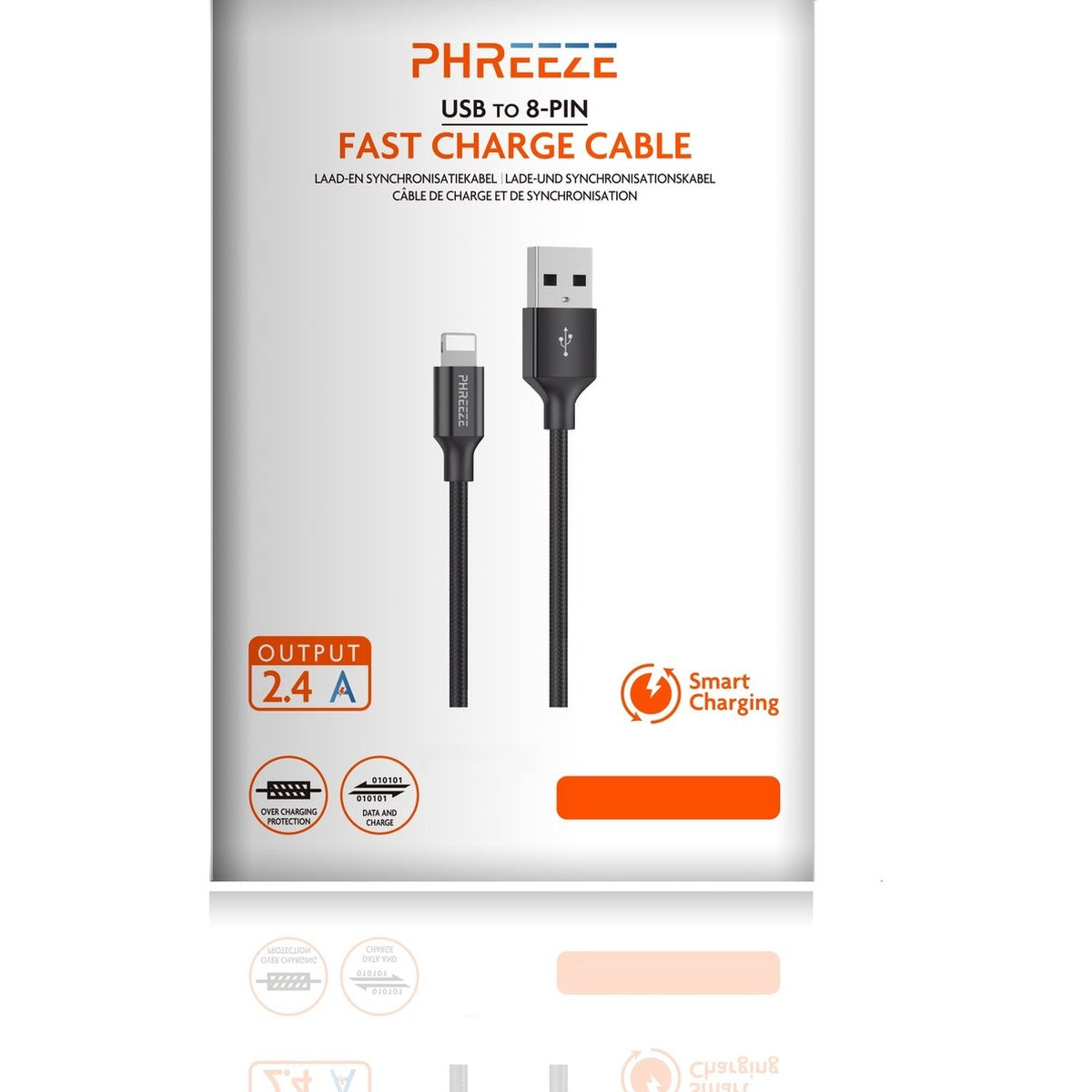 Afbeelding toont een zwarte USB naar 8-pins snellaadkabel met productdetails en logo's op een witte achtergrond.