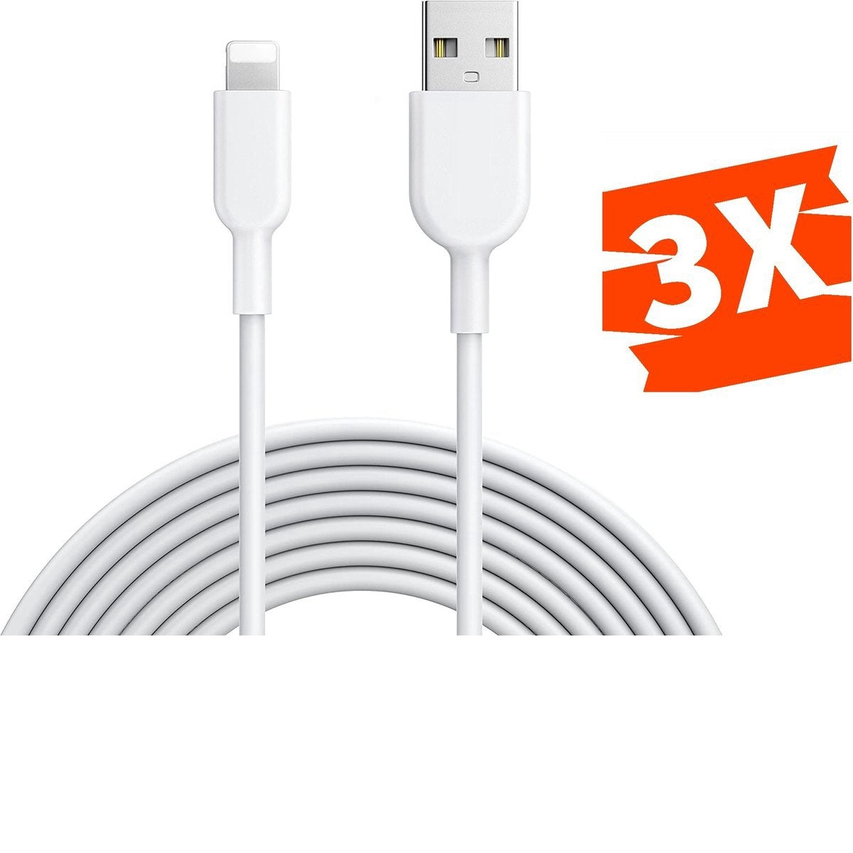 Witte oplaadkabel met USB- en Lightning-connectoren, opgerolde kabel. Een oranje '3X'-icoon op de achtergrond.