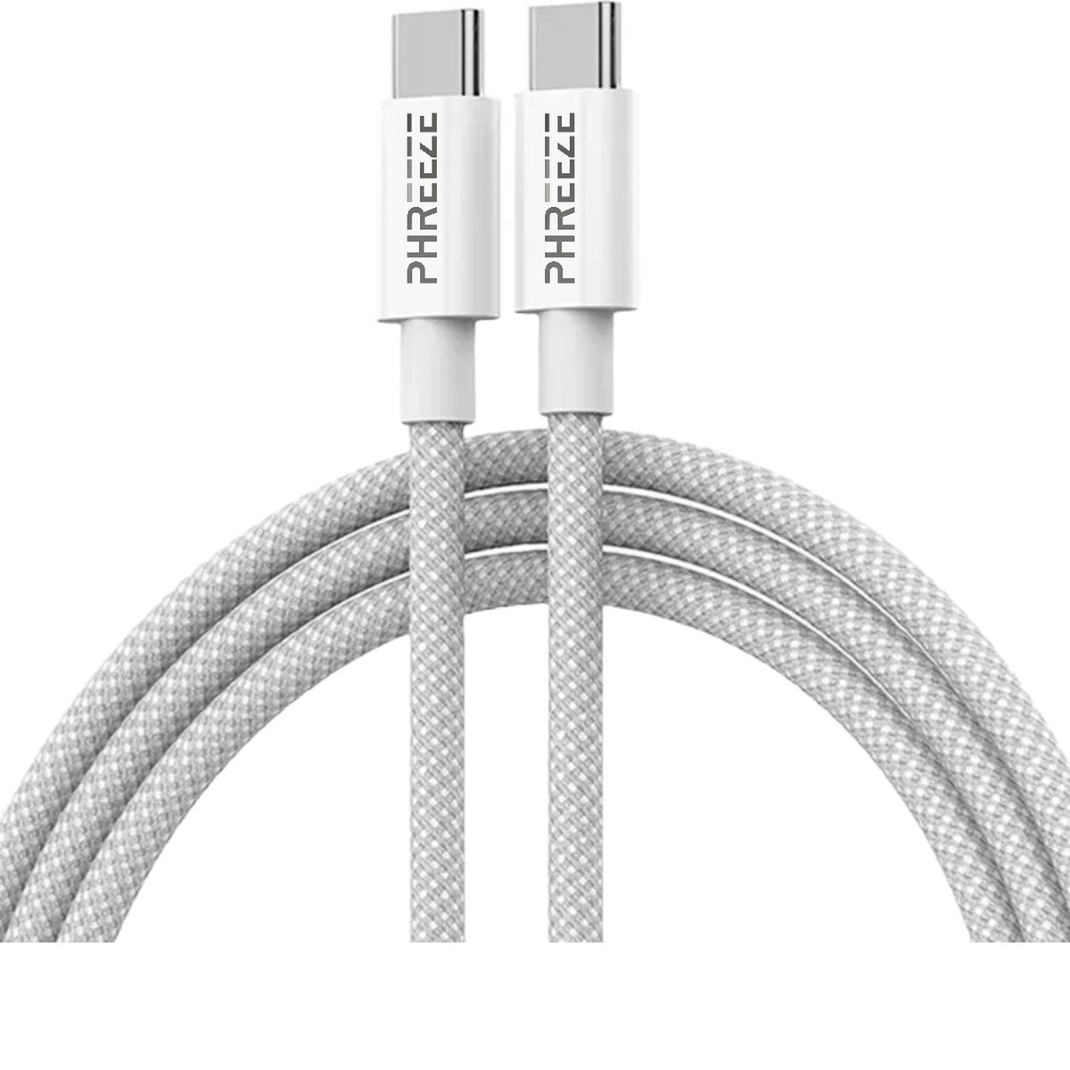 Twee witte USB-C-kabels met grijze gevlochten snoeren liggen naast elkaar. Op elke kabel staat het woord 'PHREEZE'.