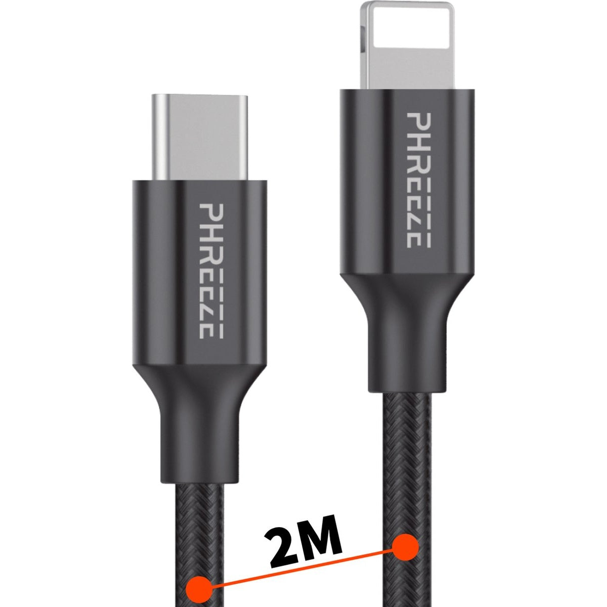 Zwarte USB-C naar Lightning kabel met 'PHREEEZ' logo. De kabel is 2M lang. Connectoren: USB-C en Lightning. Donkere achtergrond.