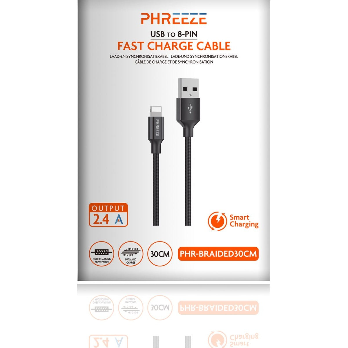 Een productfoto toont een zwarte USB naar 8-pins snellaadkabel, met het label Phreeze. Kenmerken zijn 2.4A output en slim opladen.