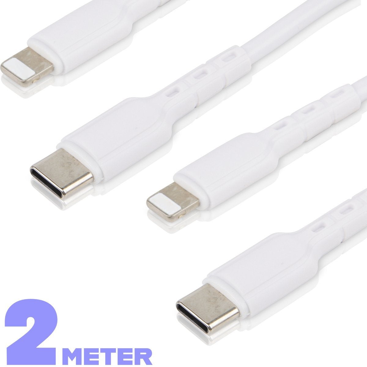 Vier witte oplaadkabels met verschillende connectoren. Twee USB-C en twee Lightning, op een witte achtergrond. Het nummer 2 is zichtbaar.