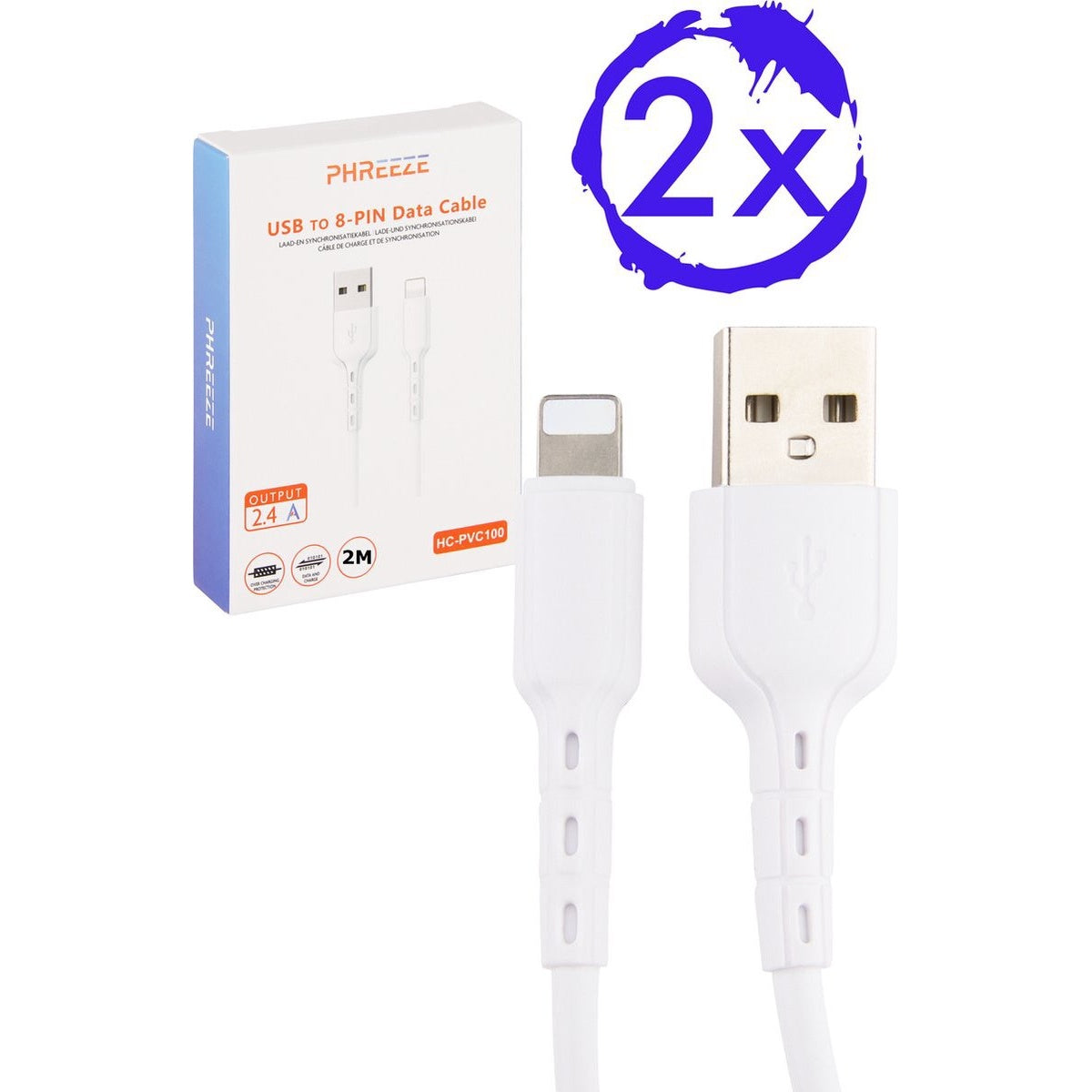 Witte USB naar 8-pins datakabel met verpakking. Een blauwe '2x' afbeelding op de achtergrond. Kabeldoos met 'PHREEZE' en '2.4A'.