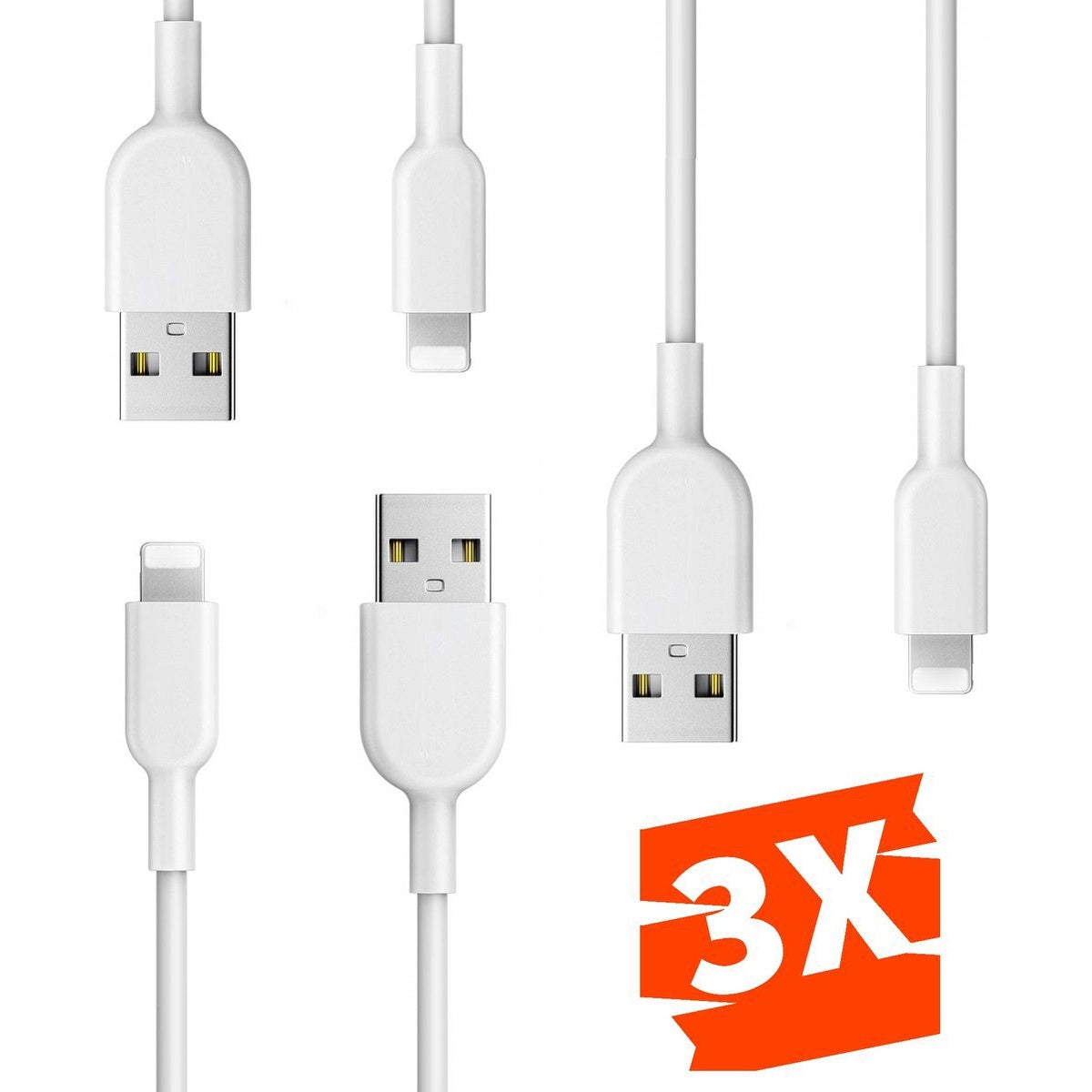 Verschillende witte USB- en Lightning-kabels tegen een witte achtergrond. Een heldere oranje '3X' grafiek rechtsonder.