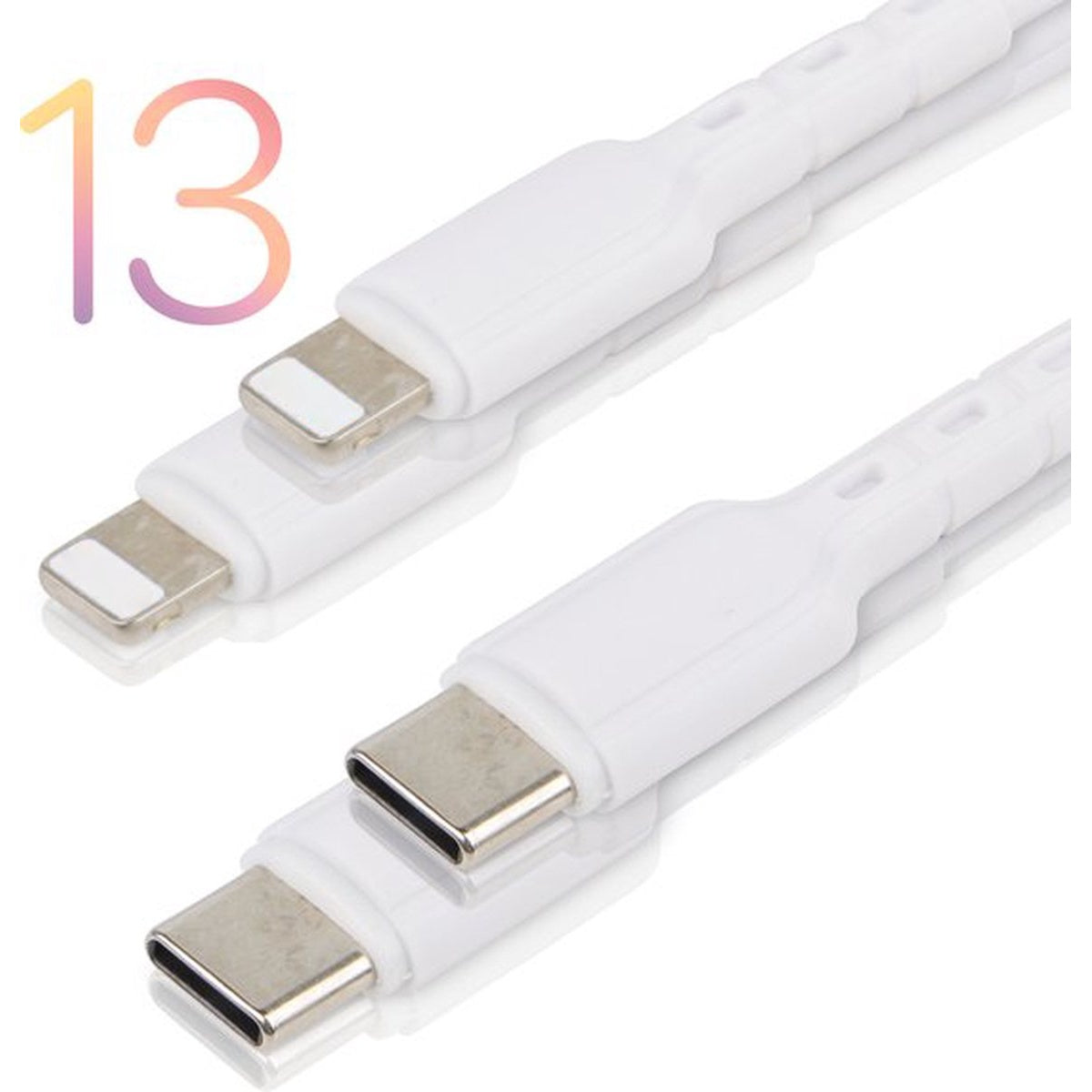 Twee witte oplaadkabels, één met een USB-C-connector en de andere met een Lightning-connector. Het nummer 13 staat linksboven.