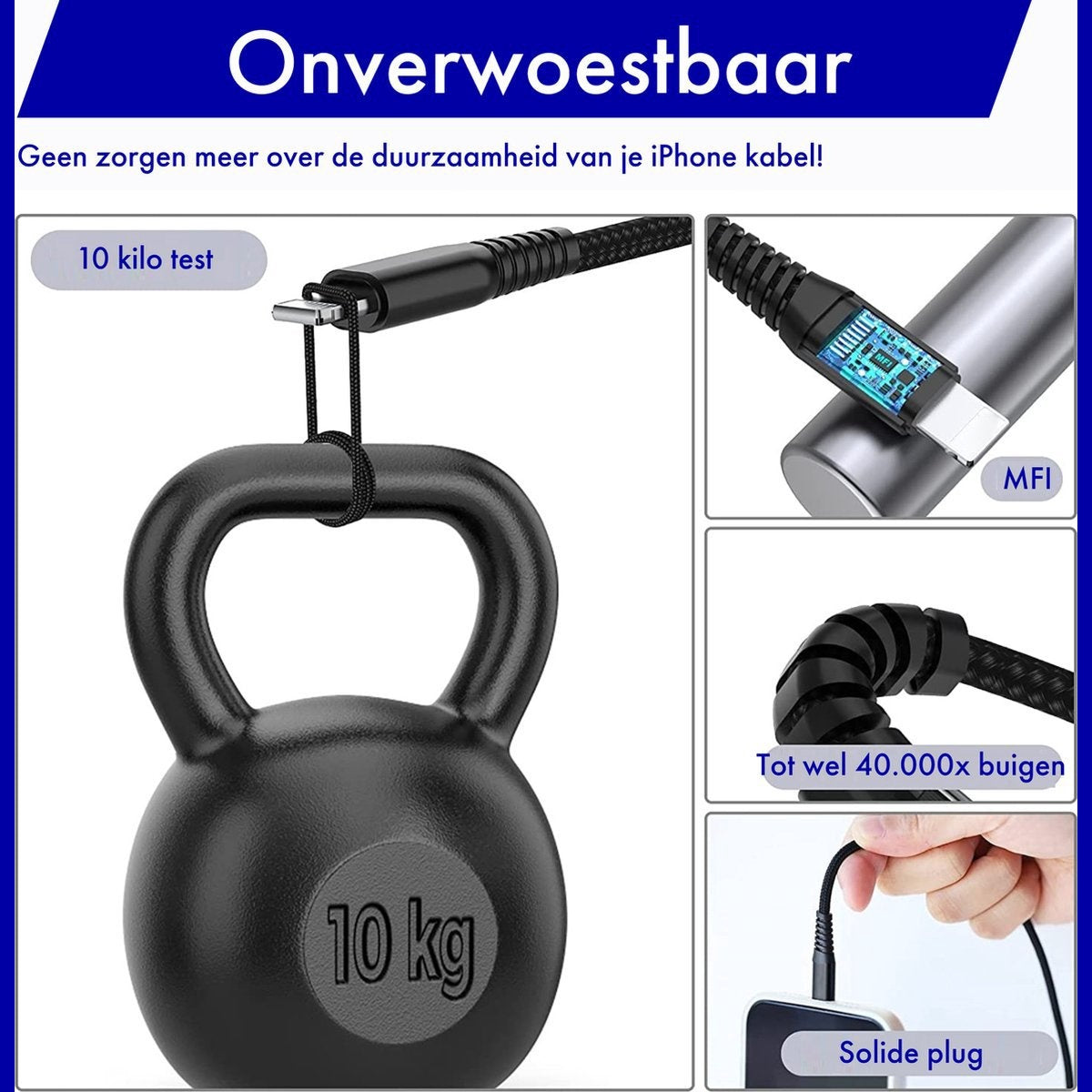 Afbeelding toont een sterke telefoonkabel. Een kettlebell hangt eraan. Andere afbeeldingen tonen kracht, duurzaamheid en een solide stekker.