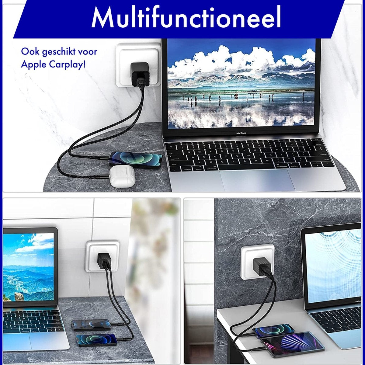 Laptop, telefoon en oortelefoon opladen via een stopcontact. Een landschap wordt weergegeven op het laptopscherm. De stekker is zwart.