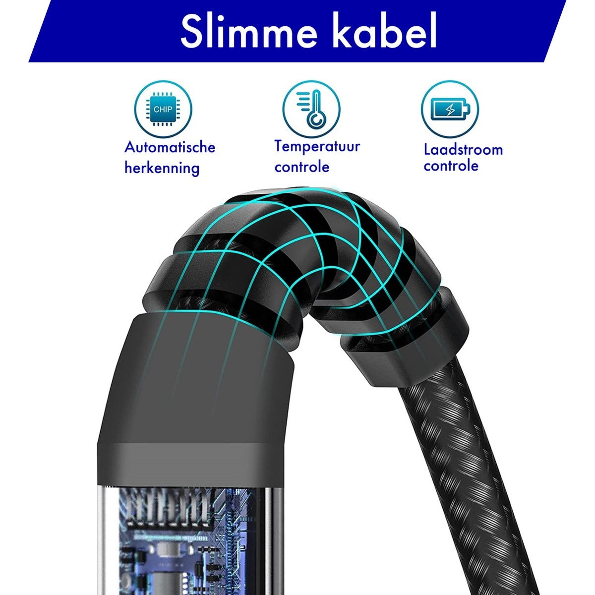 Afbeelding toont een slimme kabel met functies: automatische herkenning, temperatuurregeling en laadstroomregeling. Zwarte kabel met blauwe accenten.