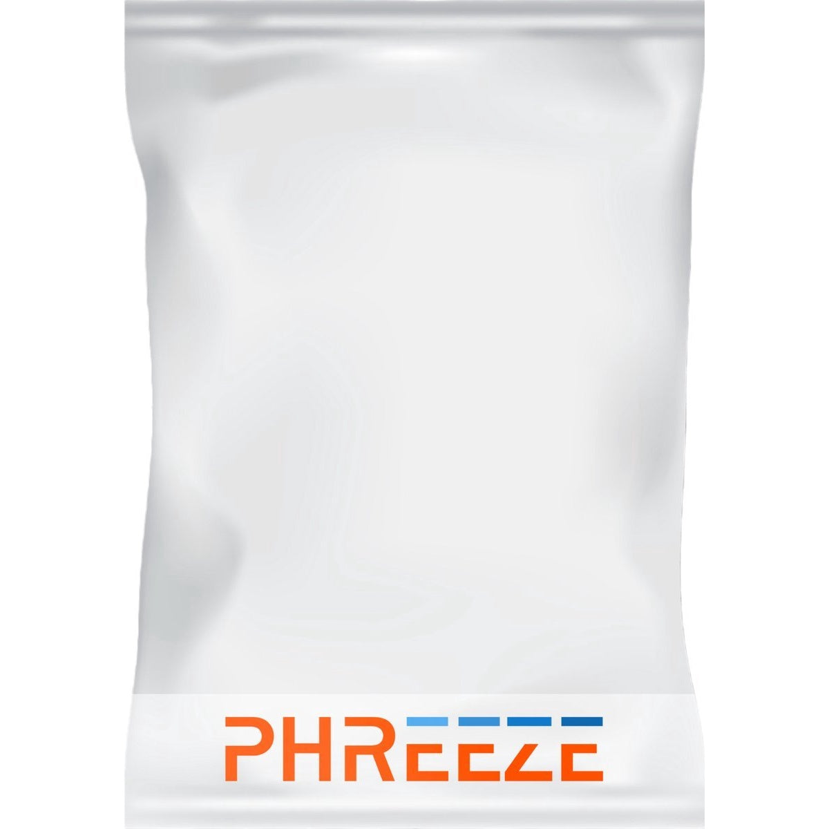 Een witte verpakking met het woord PHREEZE in oranje en blauwe letters onderaan.