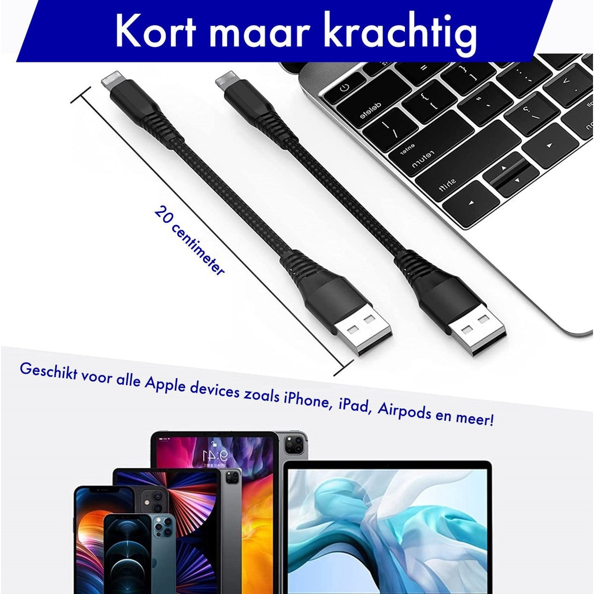 Twee zwarte oplaadkabels met een toetsenbord op de achtergrond en diverse Apple-apparaten onderaan.