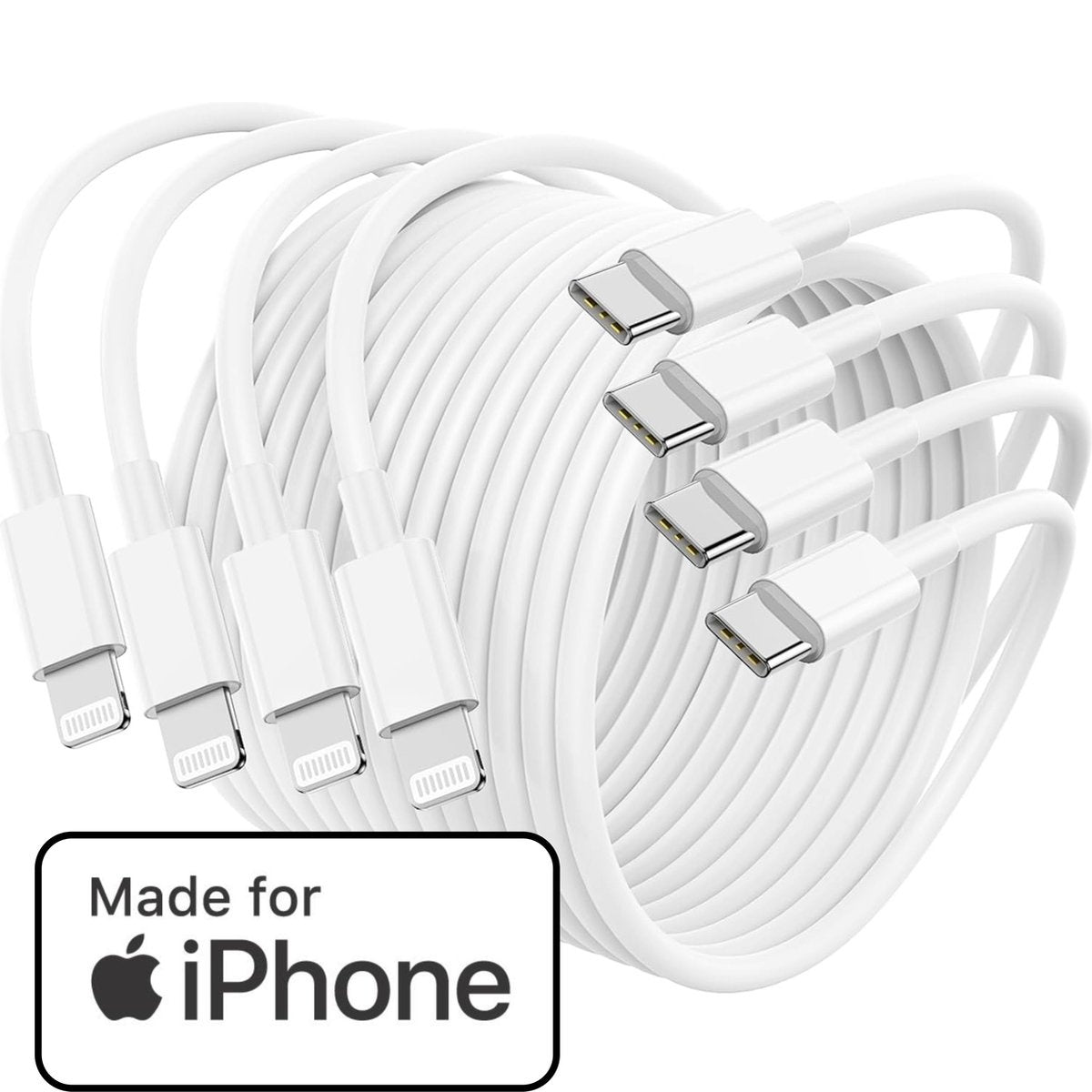 Verschillende witte oplaadkabels. Sommige hebben Lightning-connectoren, andere USB-C. Een 'Made for iPhone'-logo wordt weergegeven.