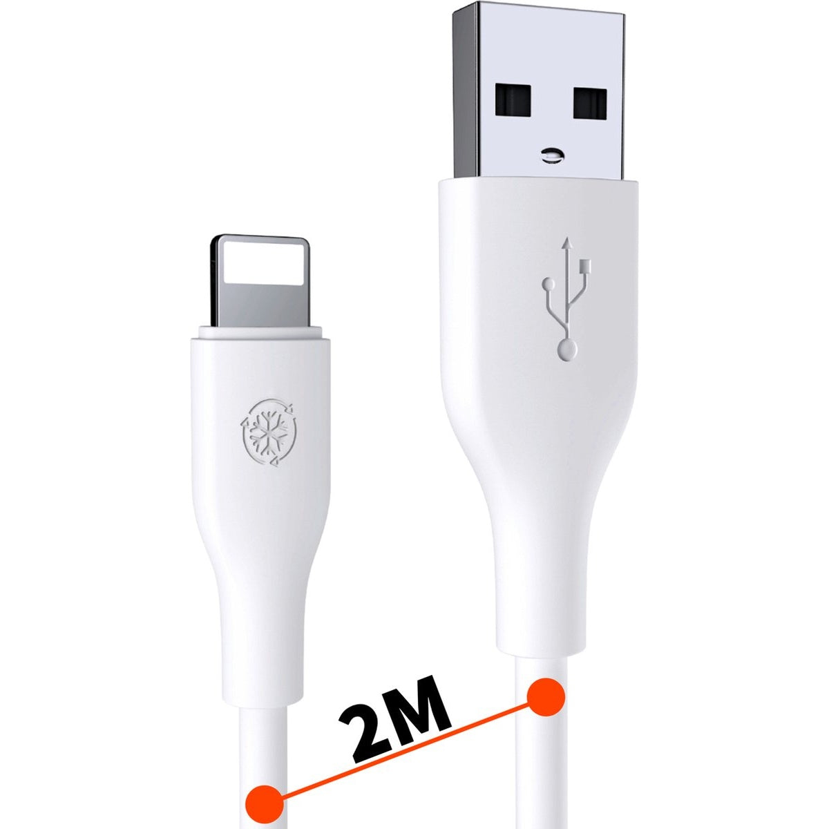 Witte USB-kabel met Lightning-connector en USB-A-connector. De kabel is gemarkeerd als 2M lang. De achtergrond is wit.