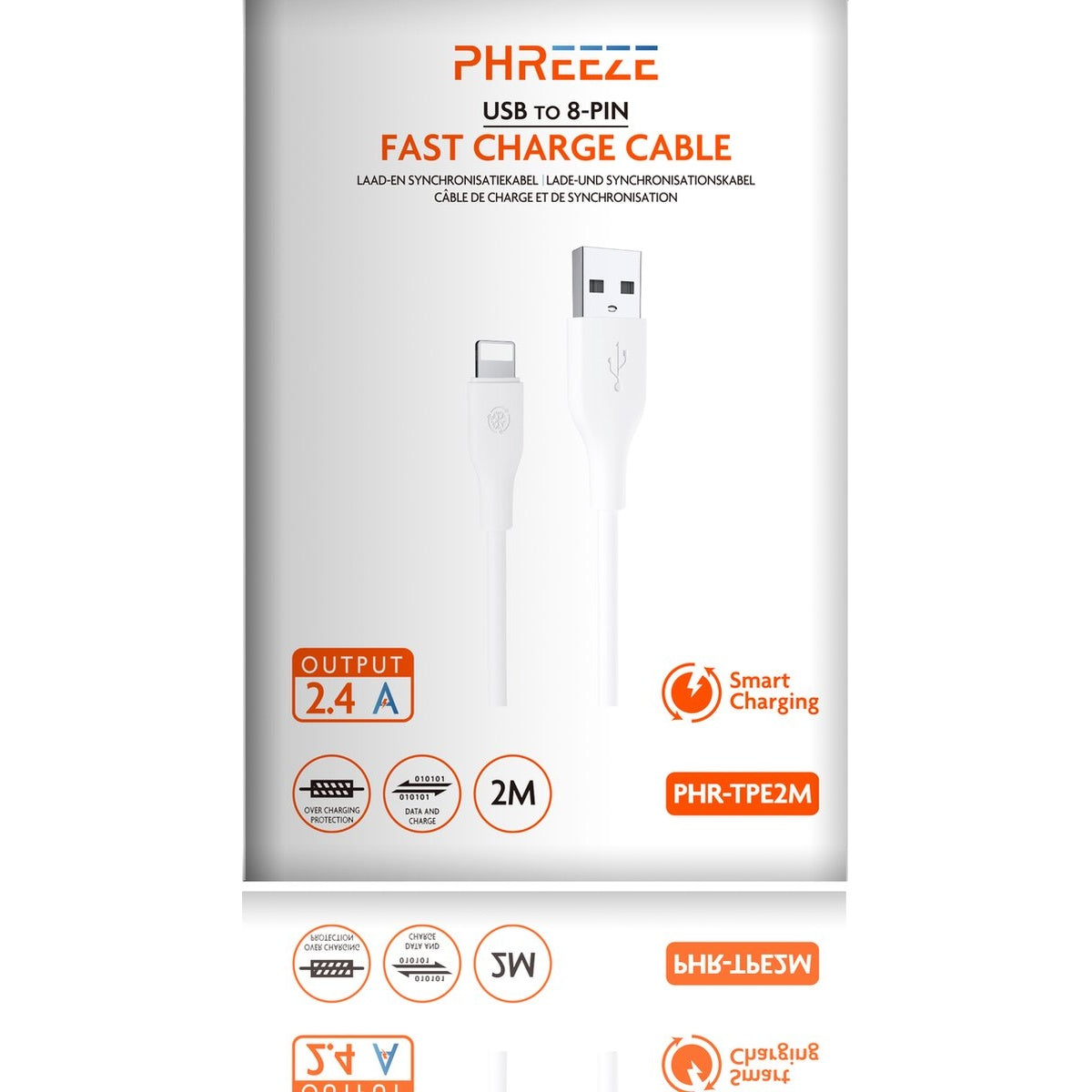 Witte USB naar 8-pins snellaadkabel op witte achtergrond. Tekst: PHREEZE, Snellaadkabel, 2.4A output, Smart Charging, Overbelastingsbeveiliging.