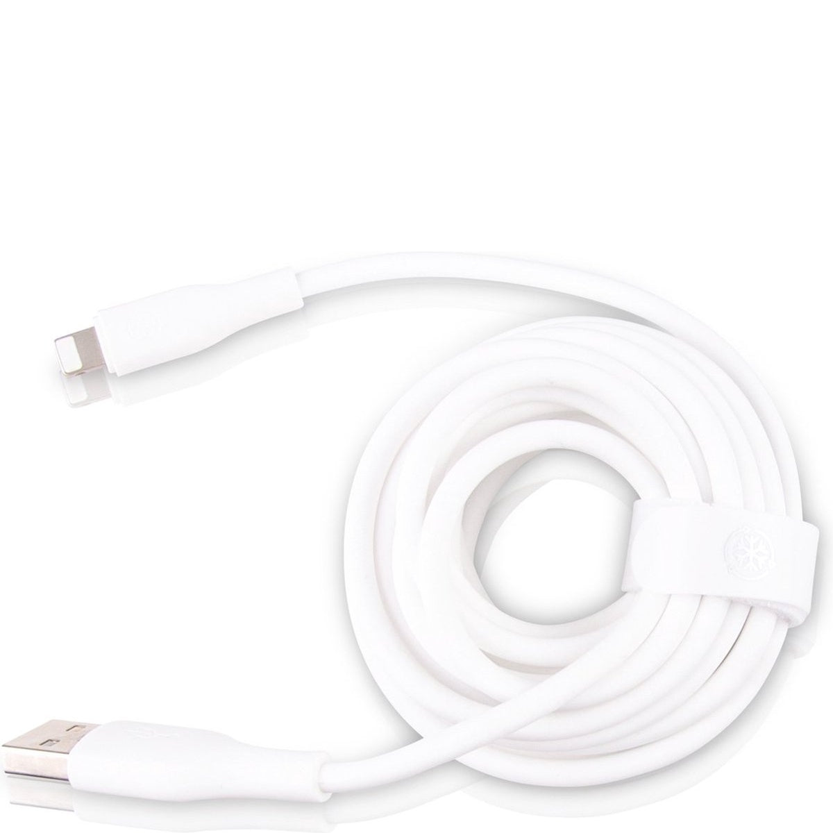 Witte oplaadkabel opgerold, met zichtbare USB- en Lightning-connectoren. Een witte band houdt de kabel bij elkaar.