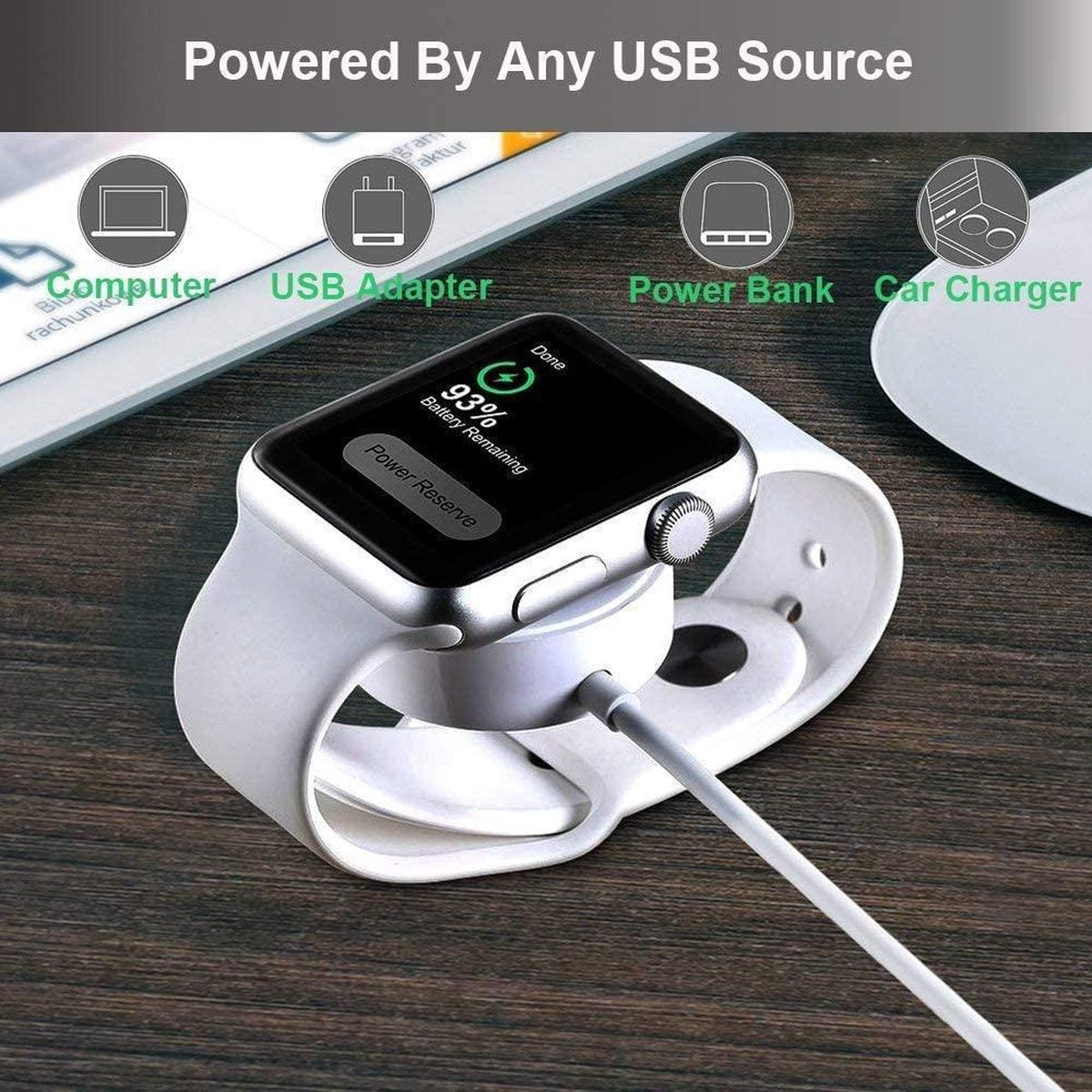 An Apple Watch is charging on a white dock. The watch displays 93% battery. Text at the top says 'Powered By Any USB Source'.