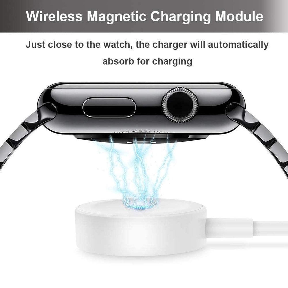 A smartwatch is placed above a white charging pad. Blue energy lines connect the watch and charger, illustrating wireless charging.