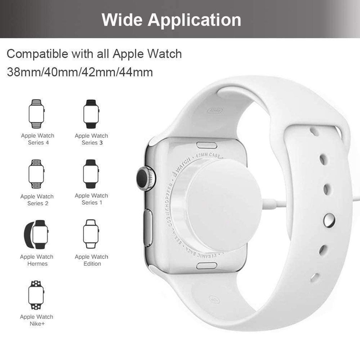 Image displays an Apple Watch and its compatibility with different series, with a white watch band and a charging base.