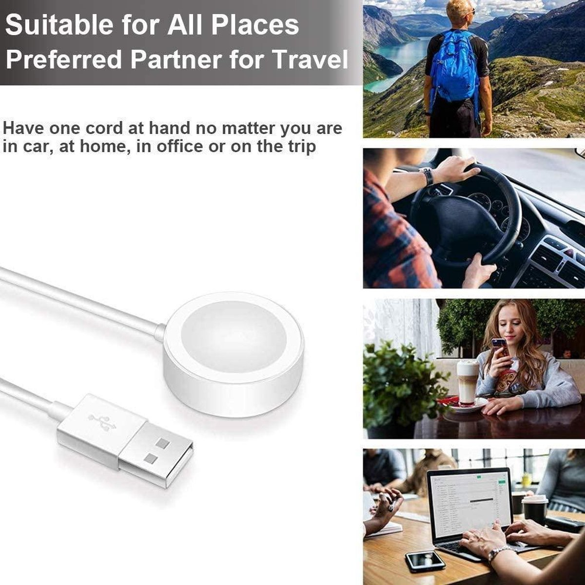 A white charger with USB cable. Scenes show people in different settings: hiking, driving, using phone, and working.