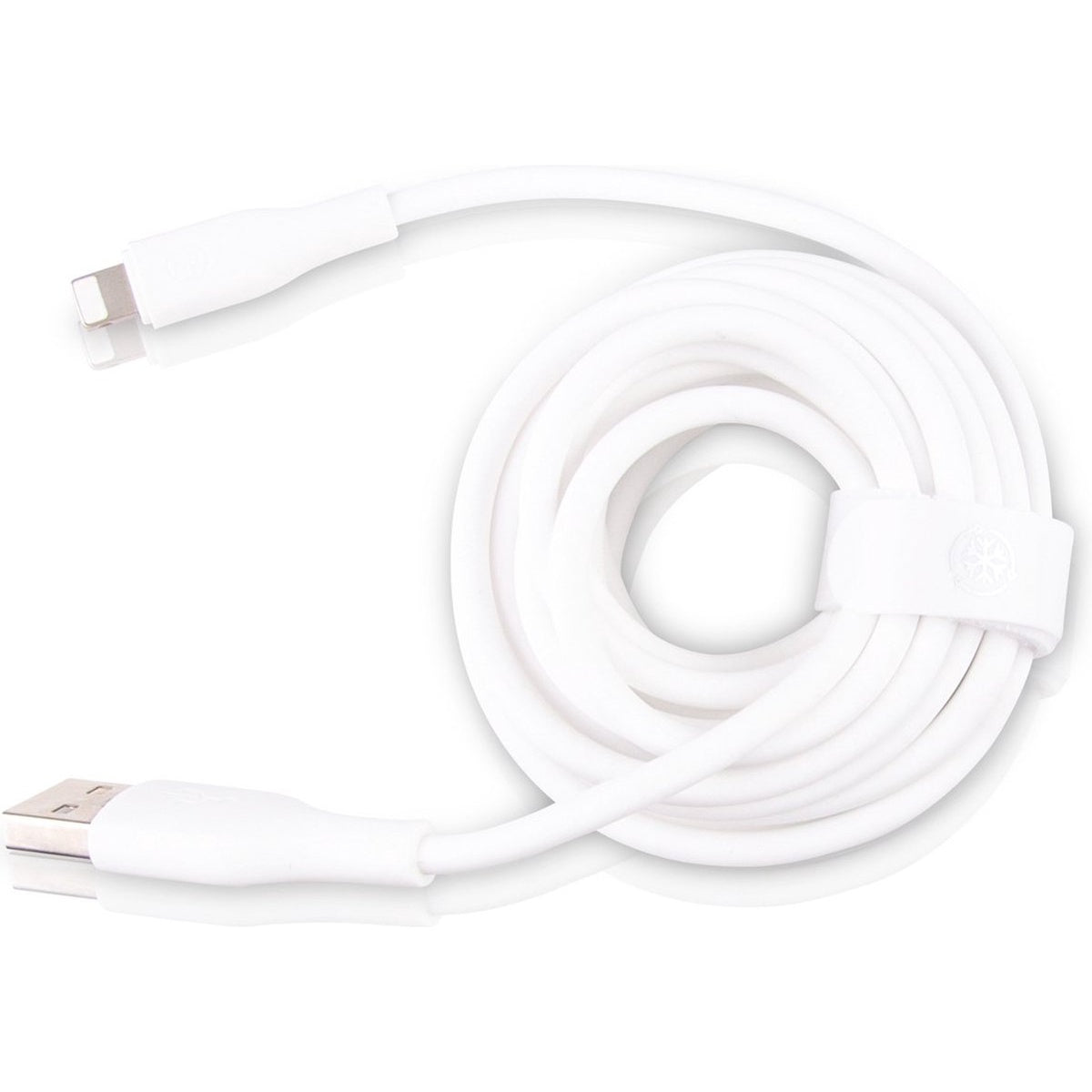 White USB charging cable coiled. Lightning connector on one end, USB on the other. White strap holds the cable in place.