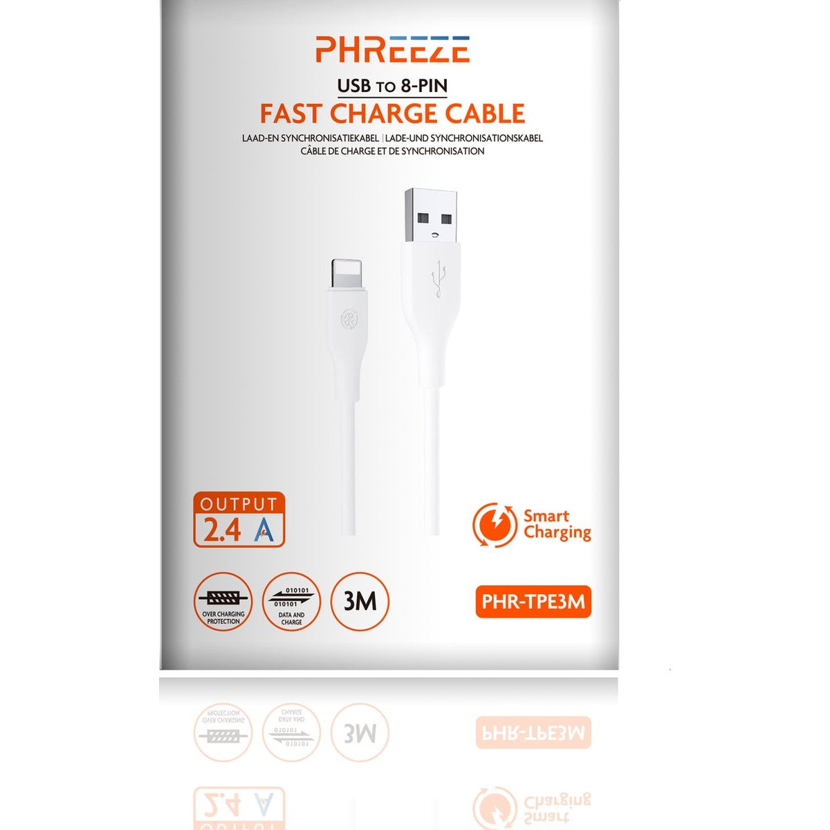 A white USB to 8-pin fast charge cable is displayed. Text includes 'PHREEZE,' 'OUTPUT 2.4A,' and 'Smart Charging.'