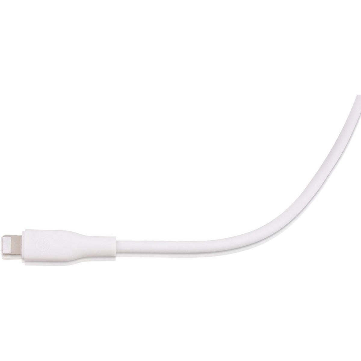 White charging cable with a lightning connector on the left. The cable curves upwards and to the right against a white background.