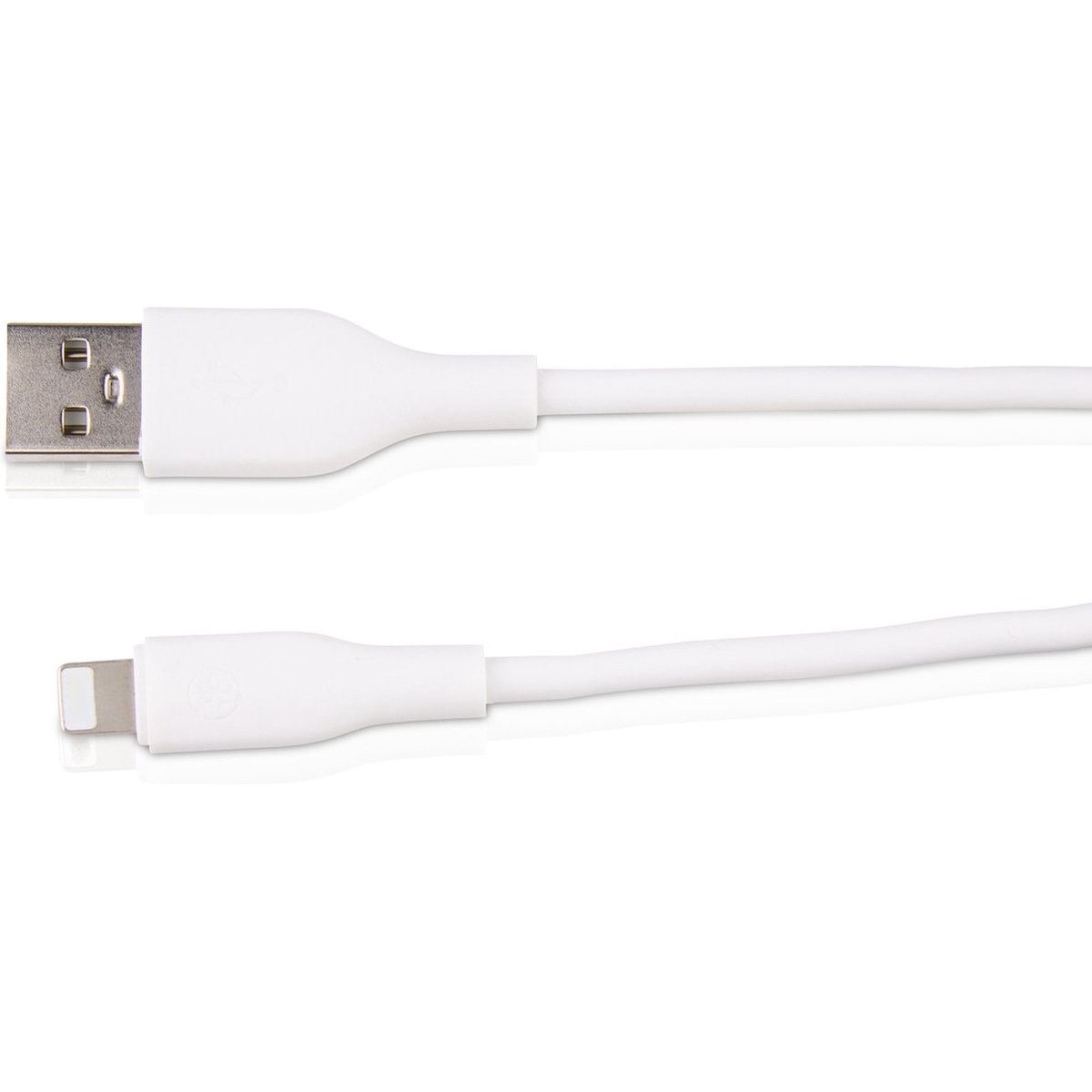 A white USB to Lightning cable. The USB connector is at the top, Lightning at the bottom. Both are white.