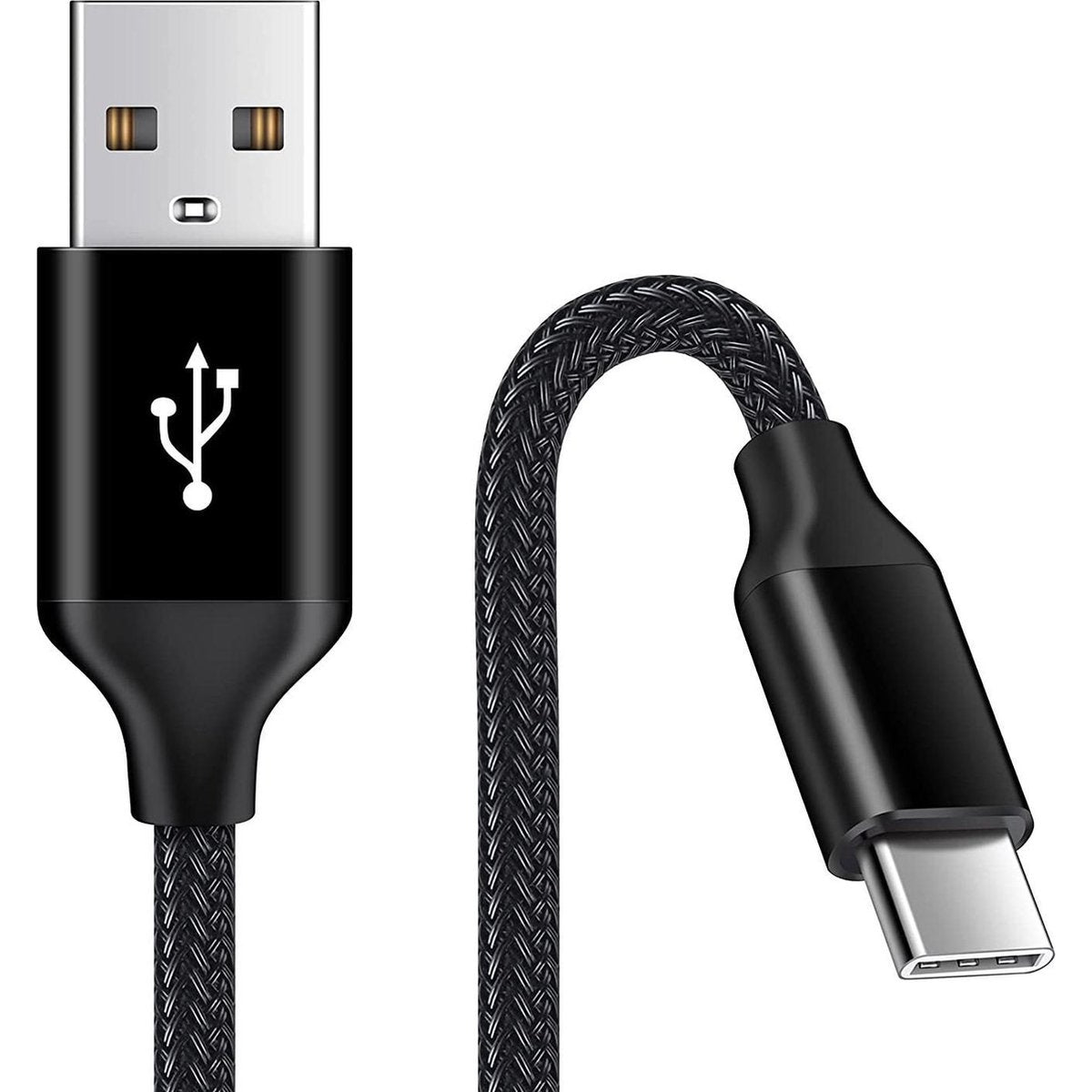 Zwarte USB-kabel met USB-A- en USB-C-connectoren. De kabel heeft een gevlochten ontwerp. Een USB-symbool staat op de USB-A-connector.
