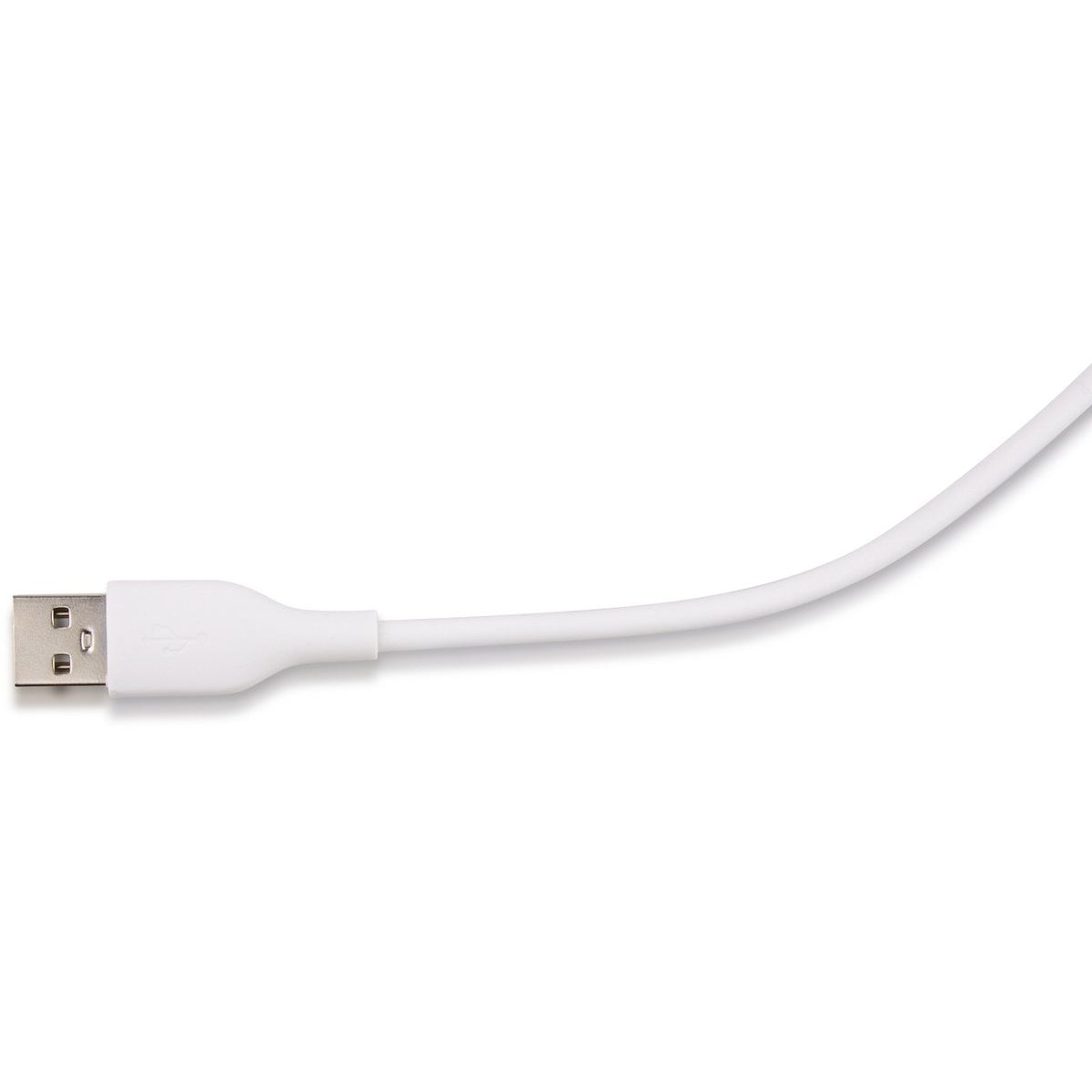 White USB cable on white background. The cable has a USB-A connector and a thin, curved wire.