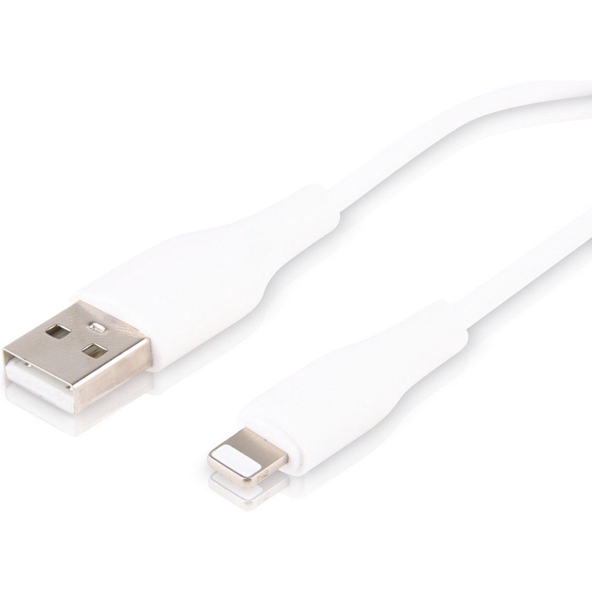 A white USB to Lightning cable lies diagonally across a white background. The USB end is silver, the Lightning end is silver.