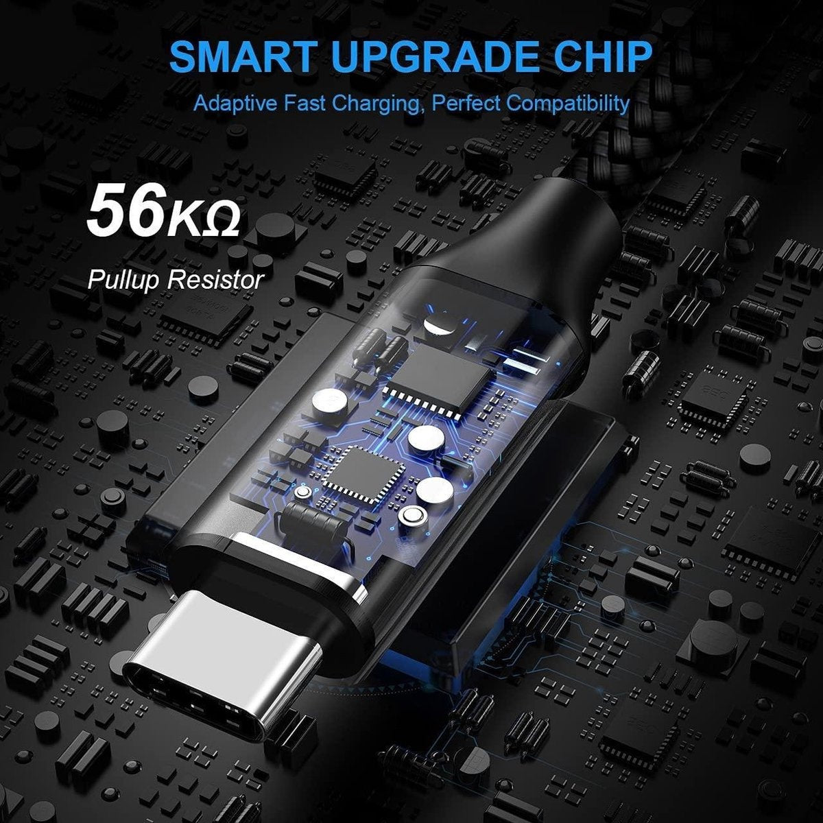 Een zwart en transparant elektronisch apparaat met een USB-C-connector. Details van de printplaat en tekst: Smart Upgrade Chip zijn zichtbaar.