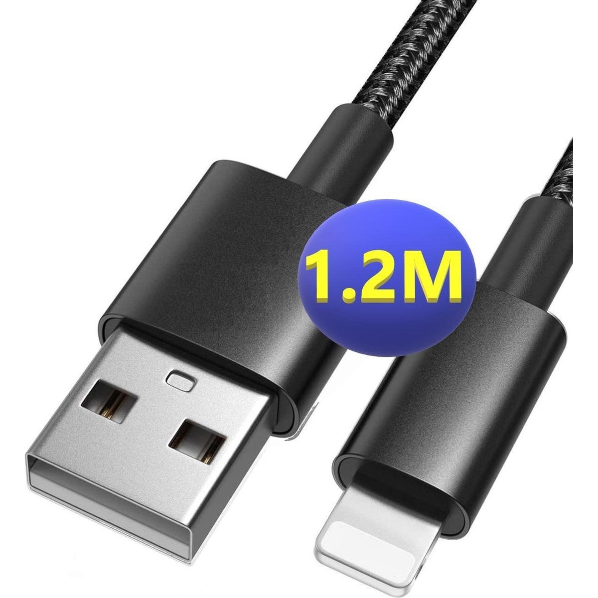 Zwarte USB-kabel met een lengte-indicator van 1,2 m. Eén uiteinde is USB, het andere een Lightning-connector. Witte achtergrond.