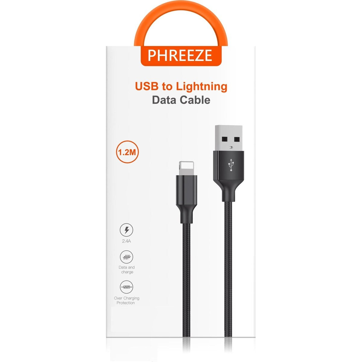 Een USB naar Lightning datakabel wordt getoond in de verpakking. De verpakking is wit met oranje accenten en tekst. De kabel is zwart.