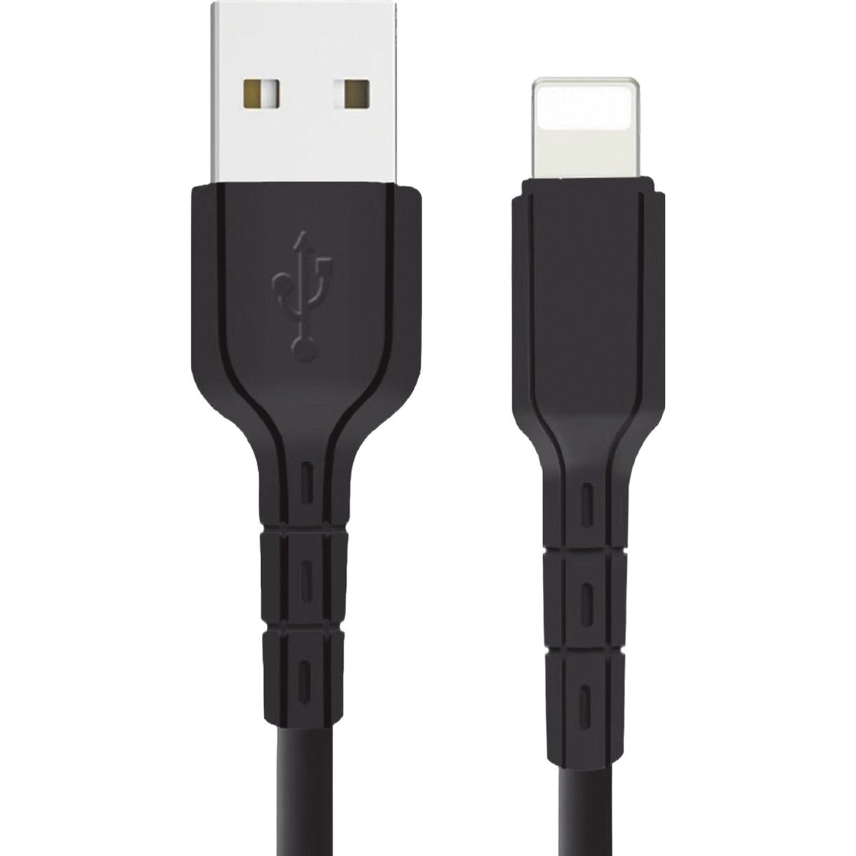 Een zwarte USB naar Lightning-kabel. De USB-connector is wit, de Lightning-connector is zwart. De achtergrond is wit.