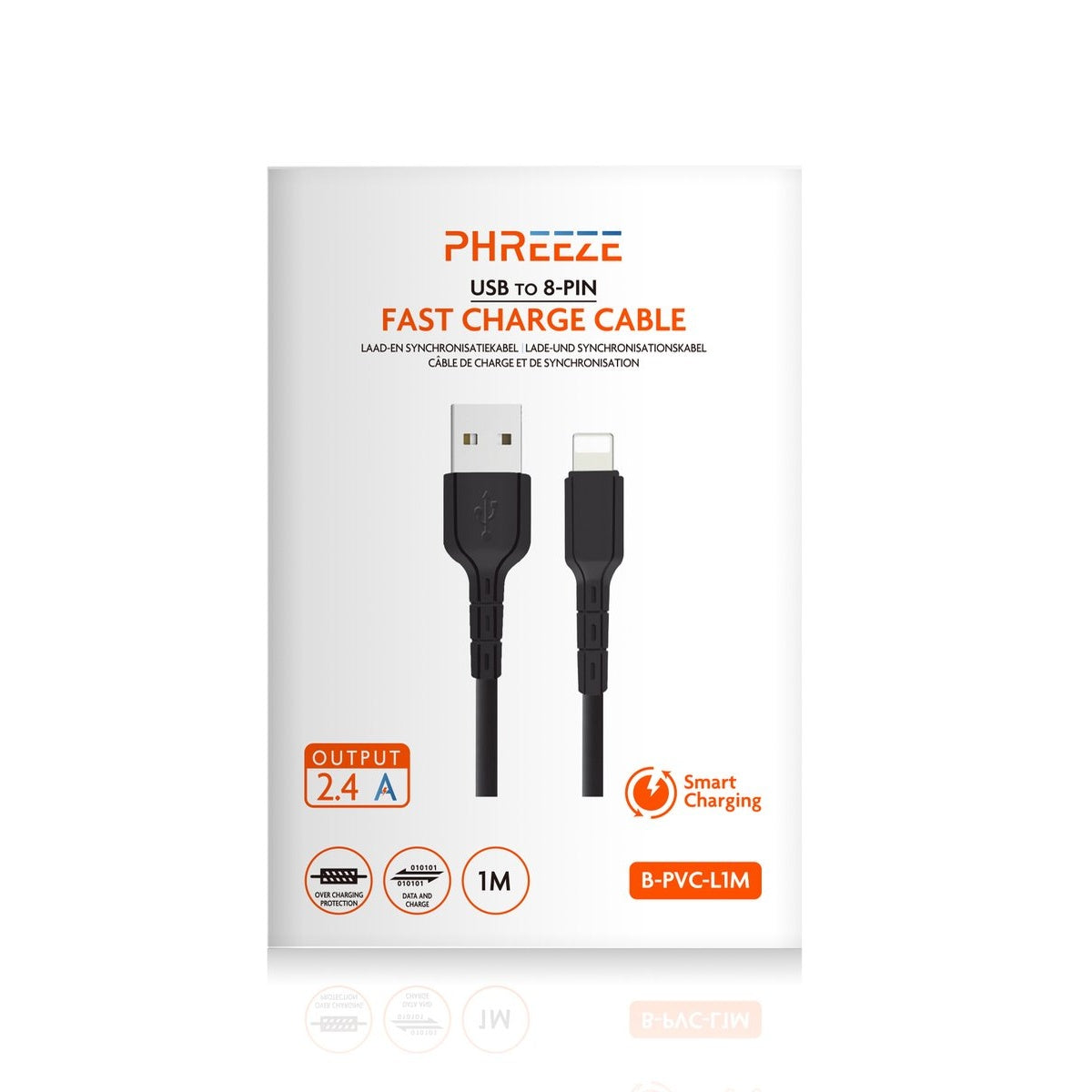 Een zwarte USB naar 8-pins snellaadkabel op een witte achtergrond, geëtiketteerd met productdetails en functies.
