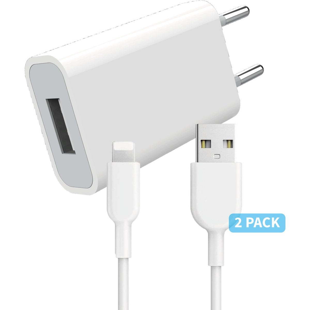Witte oplader met twee kabels. Een Lightning-kabel en een USB-kabel. Label leest "2 PACK".