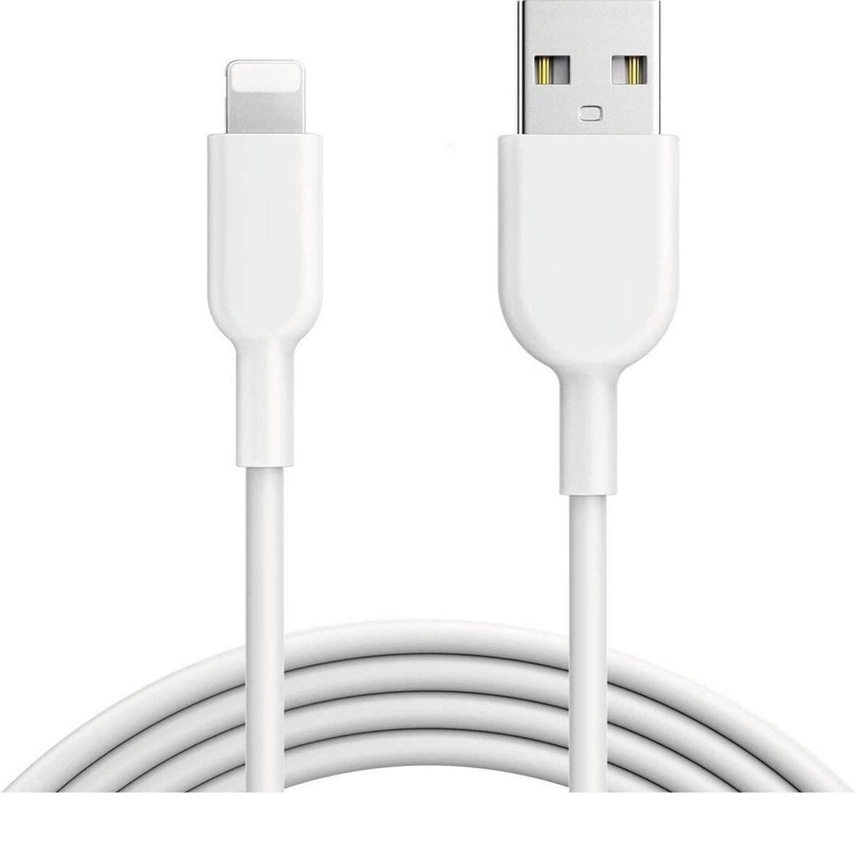 Witte oplaadkabel met een Lightning-connector en een USB-connector. De kabel is onderaan opgerold.