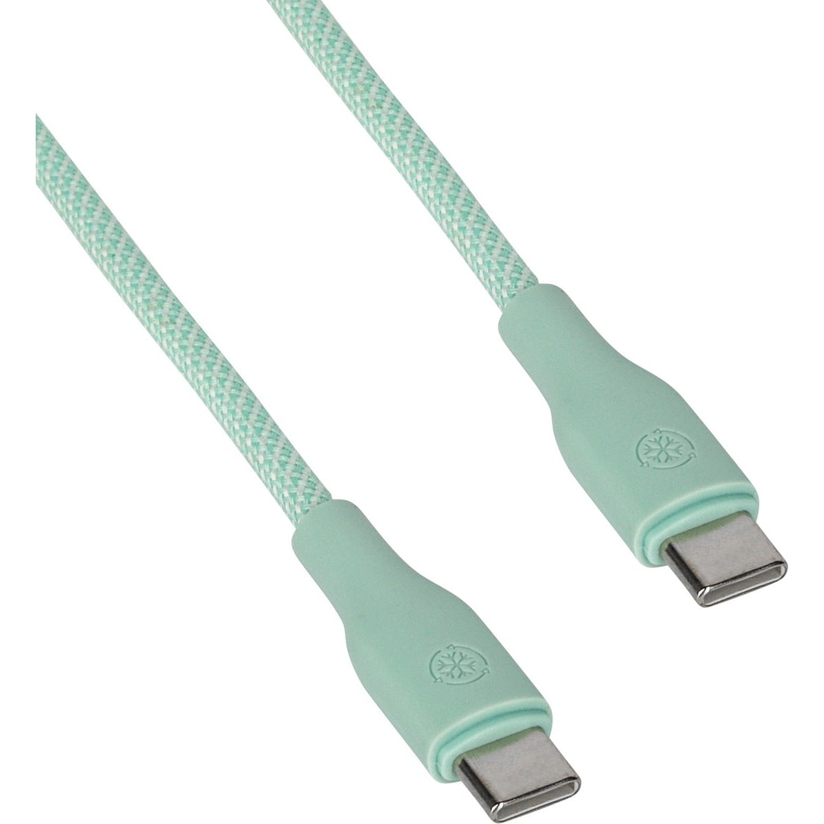 Twee mintgroene USB-C oplaadkabels. De kabels zijn gevlochten met een lichtgroen en wit patroon. Connectoren hebben een logo.