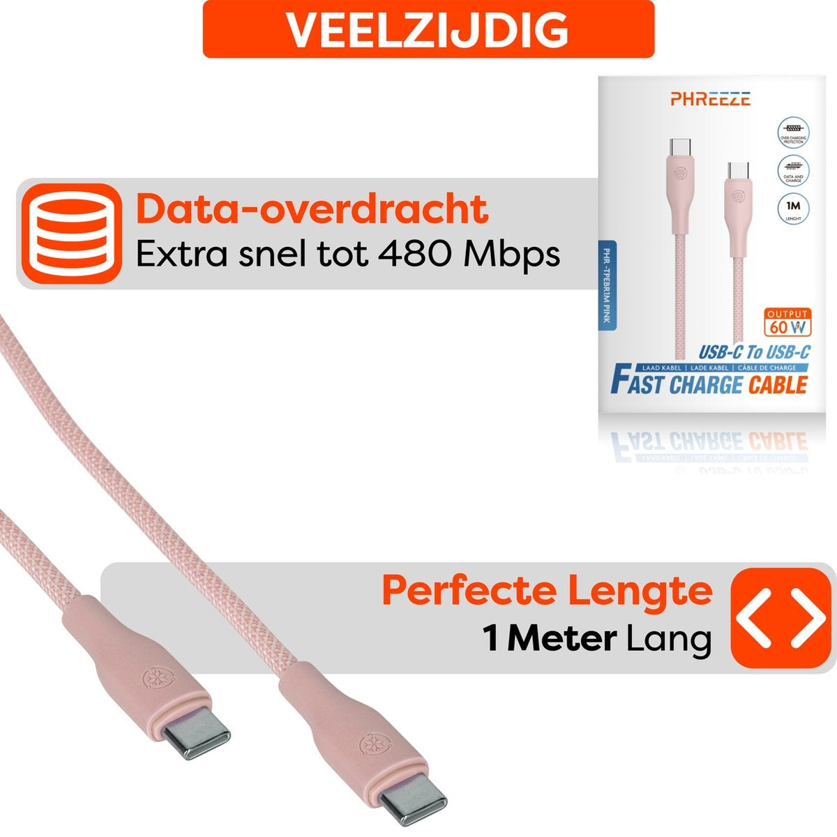 Pink USB-C to USB-C fast charging cable. Features include data transfer, 1 meter long, and 60W output.