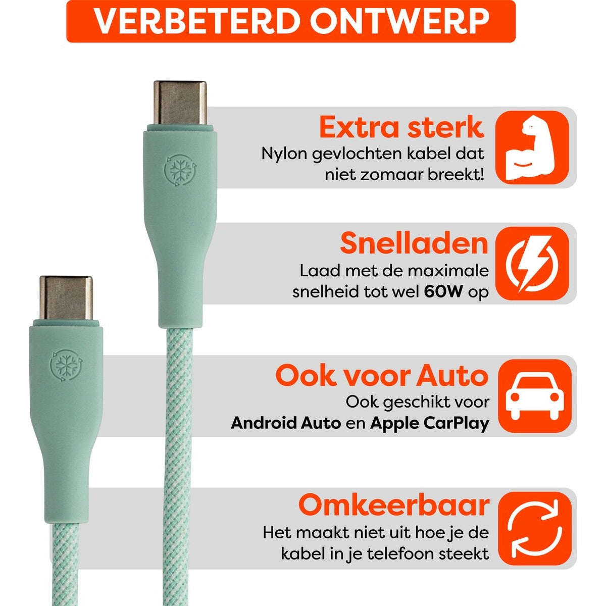 Afbeelding toont een mintgroene USB-C-kabel met tekstlabels die de eigenschappen beschrijven: sterk, snel opladen, auto compatibel en omkeerbaar.