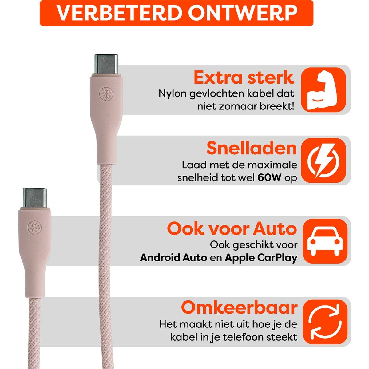 Een roze kabel met tekst die de kenmerken beschrijft: extra sterk, snelladen, auto compatibel en omkeerbaar.