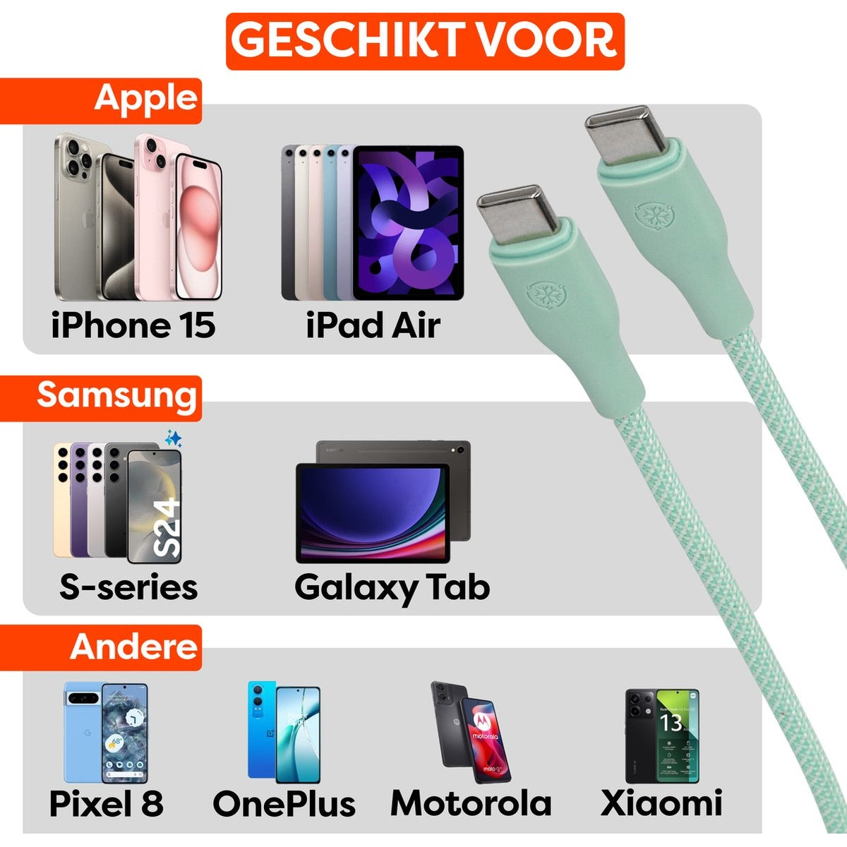 Afbeelding toont telefoons en tablets zoals iPhones, iPads en Samsung. Ook twee groene USB-C kabels en de tekst 'GESCHIKT VOOR'.