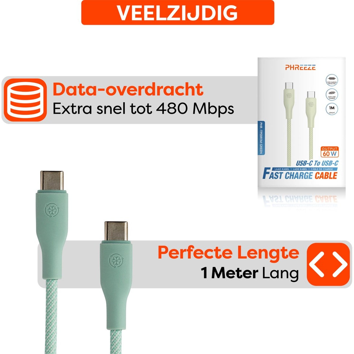 Afbeelding toont een USB-C naar USB-C snellaadkabel, groene connectoren en een witte doos met tekst over gegevensoverdracht.