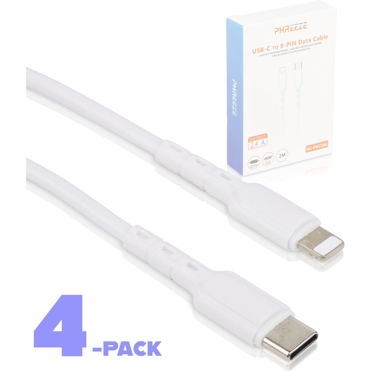 Witte USB-C naar 8-pins datakabel, 4-pack, met doos met productnaam en specificaties. De doos staat op de achtergrond.